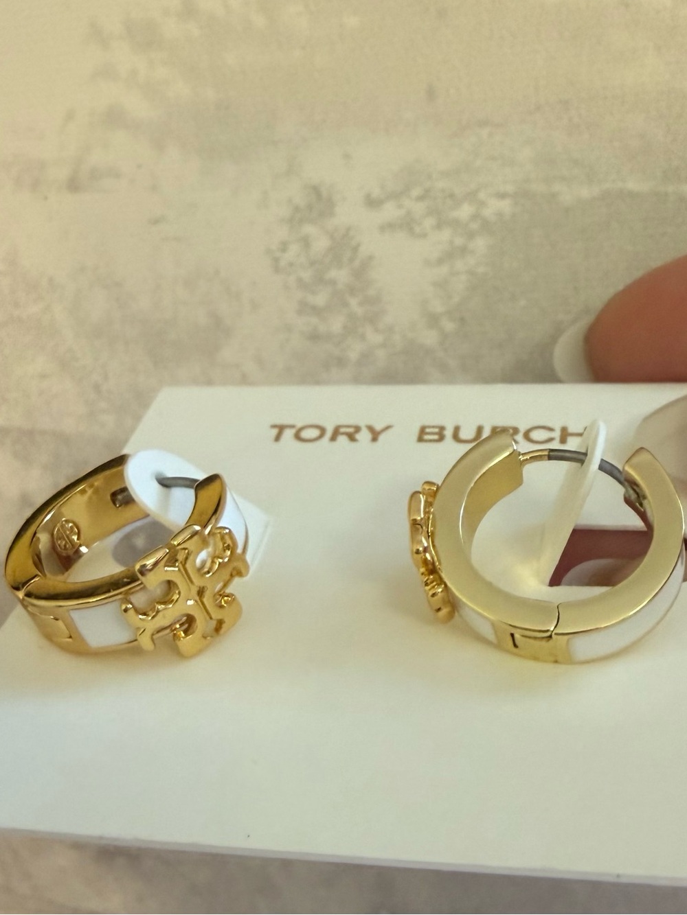 Tory Burch White and Gold Logo Huggie Earrings
